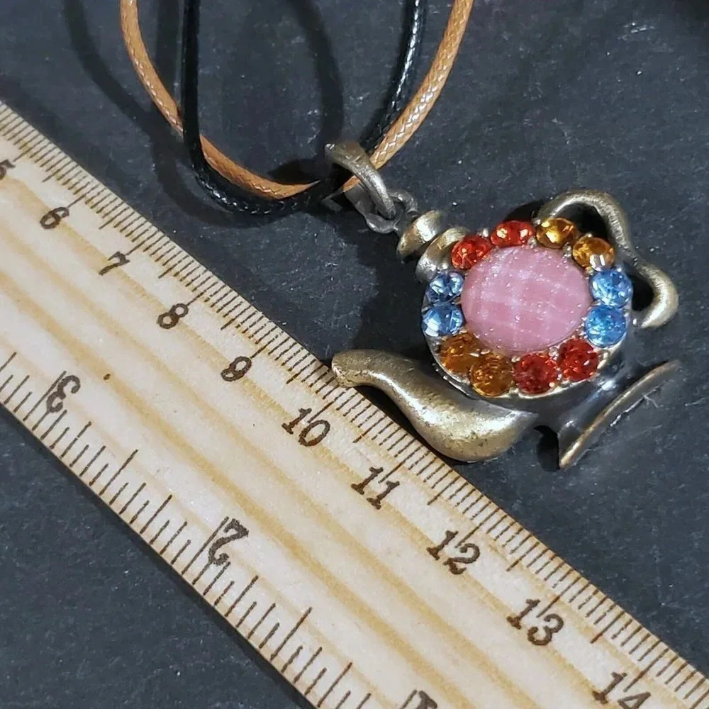 Rustic Antique Bronze Rhinestones Teapot Pendant Necklace Vegan Leather Cord - Picture 11 of 11